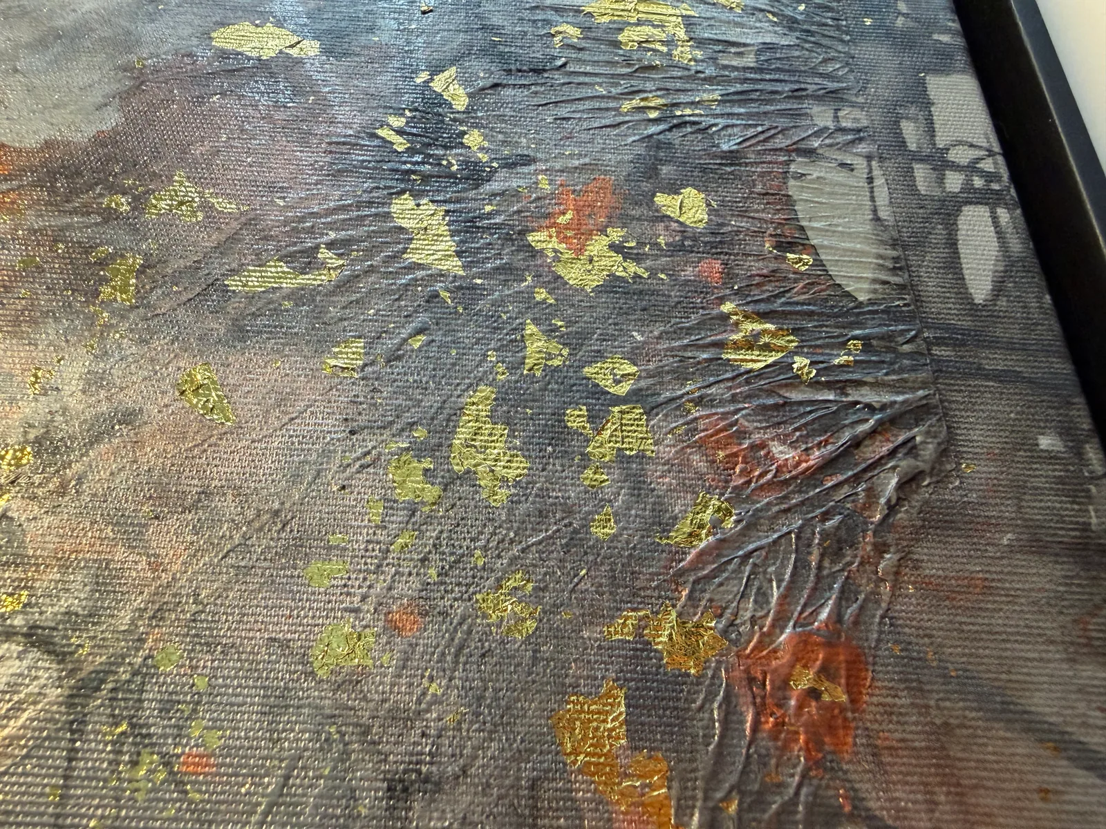 Origin of Light (60 x 80 cm), mixed media with acrylic and gold leaf on canvas, surface detail — Alyne Perfeito, Perfeito Studio