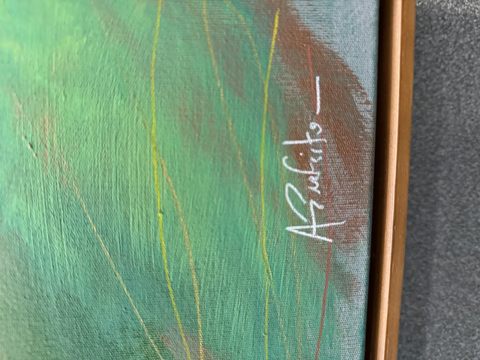 Detalhe da assinatura no verso de Vibrant Awakening (100 x 150 cm), acrílica sobre tela — Alyne Perfeito, Perfeito Studio