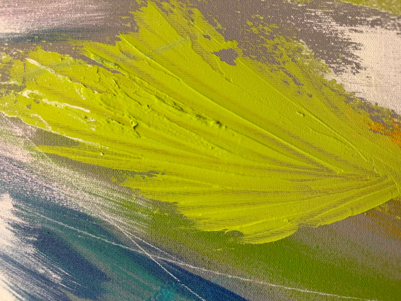 Detalhe da textura de Vibrant Awakening (100 x 150 cm), acrílica sobre tela — Alyne Perfeito, Perfeito Studio