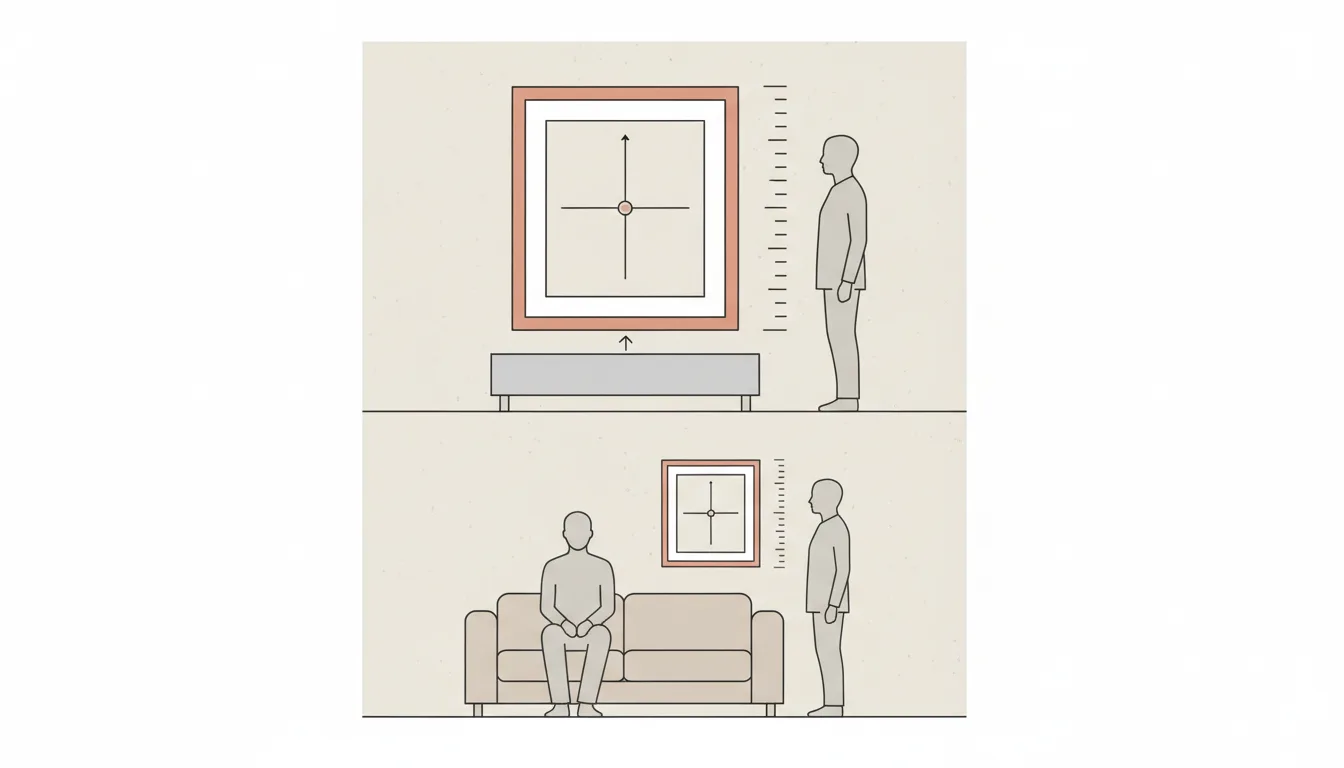 Diagrama esquemático da altura de instalação de um quadro — centro alinhado à altura dos olhos, em pé e sentado — Perfeito Studio