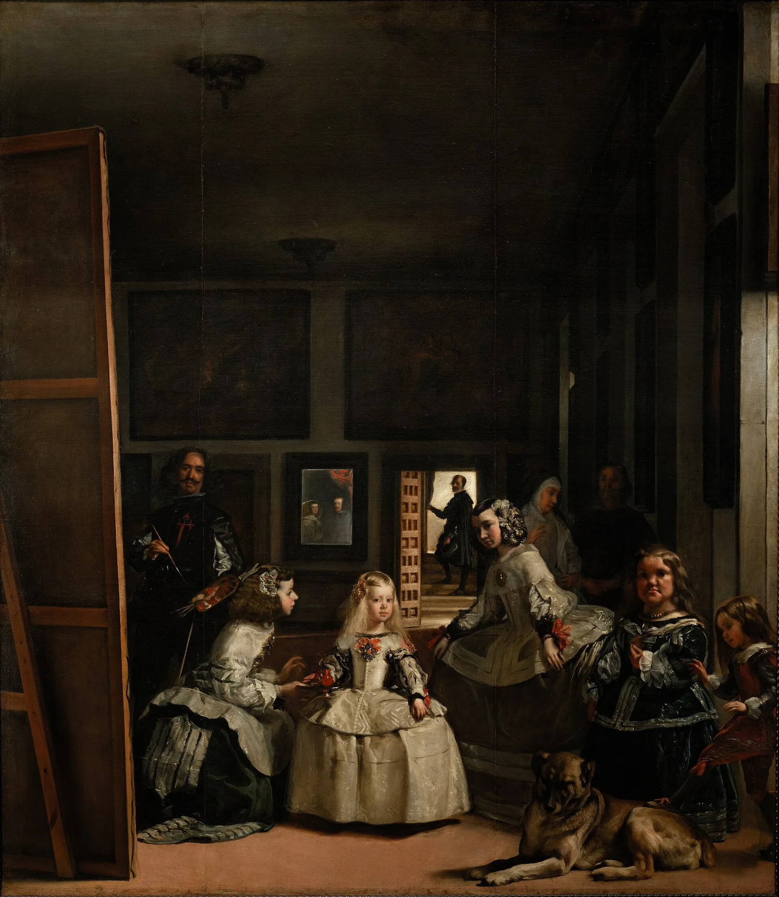 As Meninas (1656), óleo sobre tela de Diego Velázquez, retratando a infanta Margarida Teresa e a corte de Filipe IV no ateliê do pintor no Alcázar de Madri — Museo del Prado, Madri (domínio público)