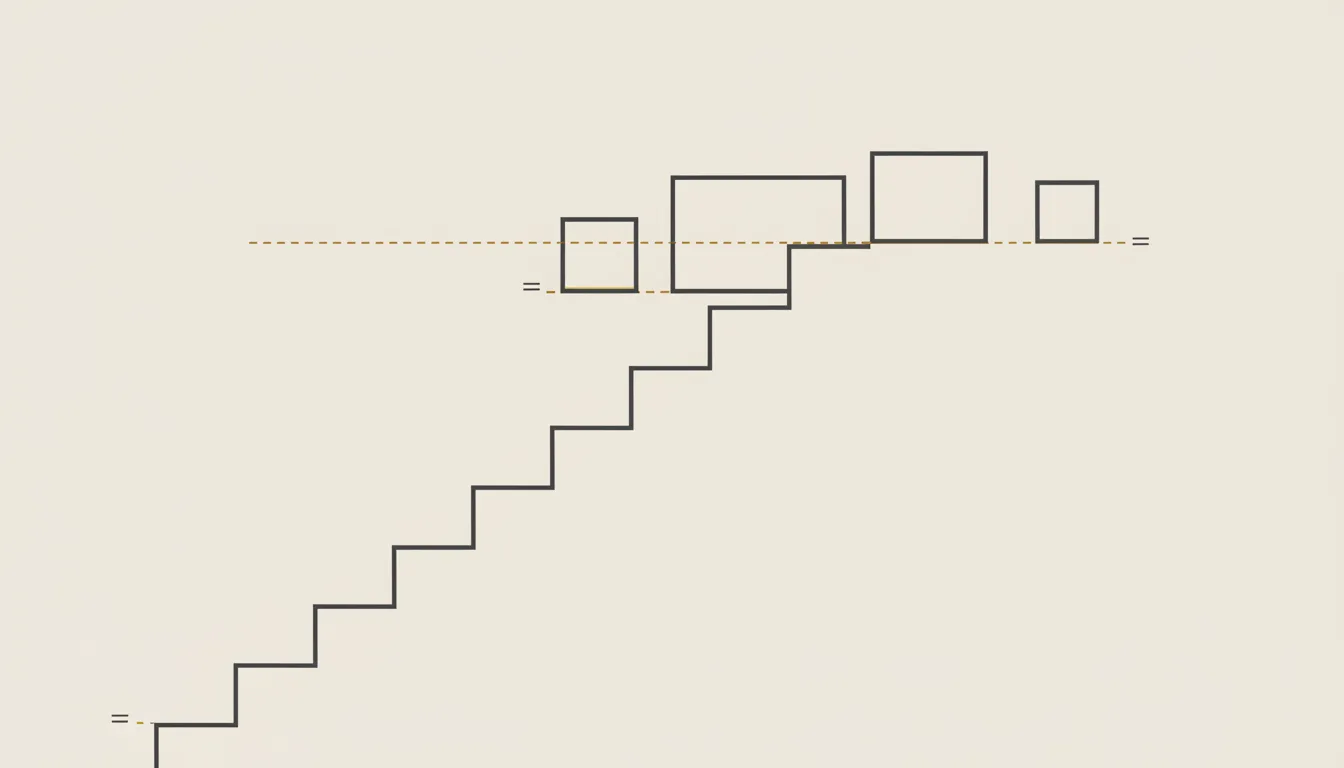 Diagrama esquemático de quadros alinhados a uma linha paralela ao corrimão de uma escada, com espaçamento constante entre as peças