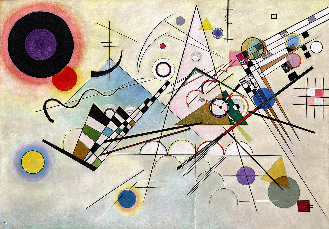 Composição VIII (1923), óleo sobre tela de Vassily Kandinsky, com círculos, triângulos e linhas em interação — Solomon R. Guggenheim Museum, Nova York (registro 37.262)
