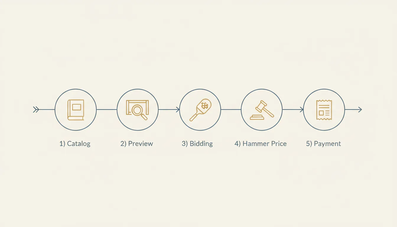Schematic diagram of the art auction process — catalog, preview, bidding, hammer price, payment — Perfeito Studio