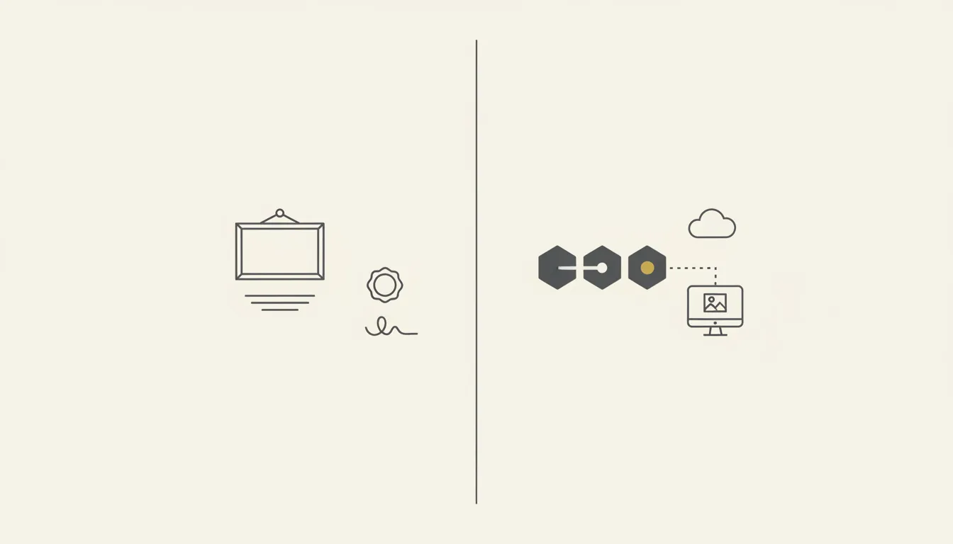Schematic diagram comparing physical artwork ownership and tokenized NFT ownership — Perfeito Studio