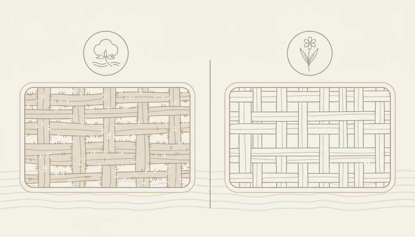 Ilustração esquemática comparando gramatura e trama entre tela de algodão e tela de linho — Perfeito Studio