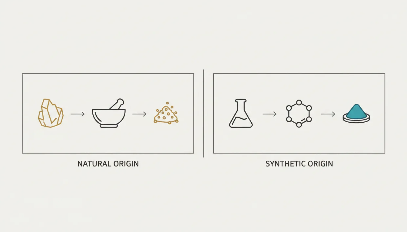 Schematic diagram comparing the mineral origin of natural pigment and the chemical production of synthetic pigment — Perfeito Studio