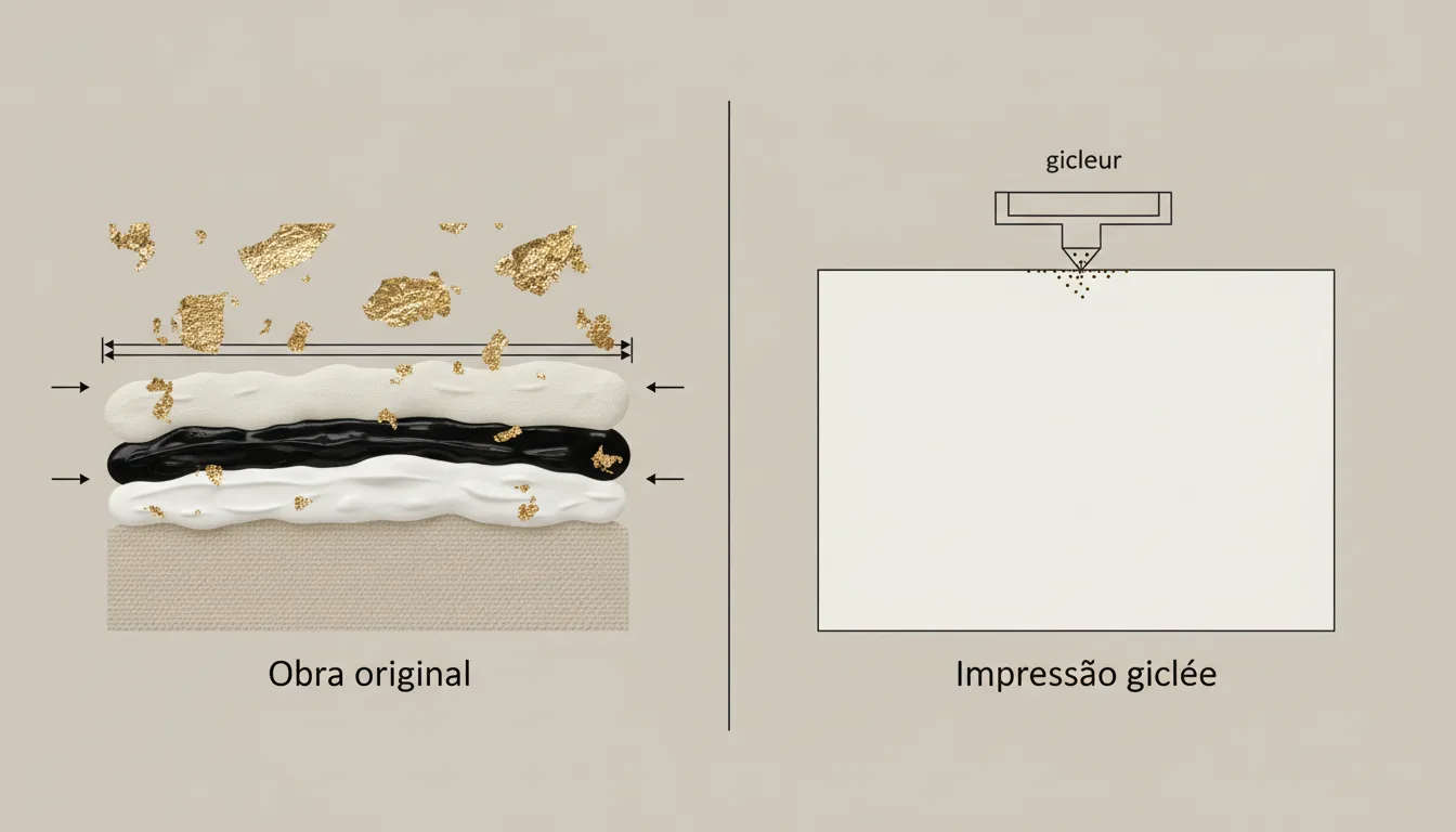 Diagrama esquemático comparando as camadas de uma obra original em técnica mista com as camadas de uma impressão giclée — Perfeito Studio