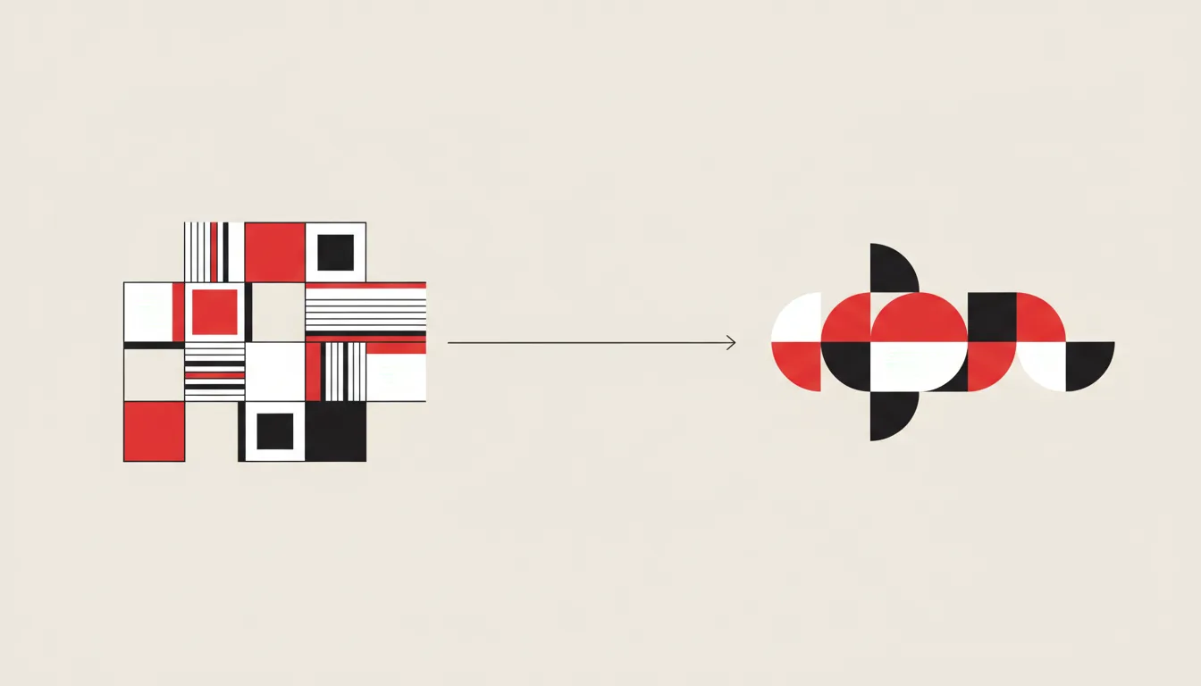 Diagrama esquemático de linha do tempo mostrando formas geométricas rígidas em preto, branco e vermelho representando o concretismo paulista de 1952 conectadas por uma seta a formas geométricas mais orgânicas representando a virada neoconcreta de 1959 — Perfeito Studio
