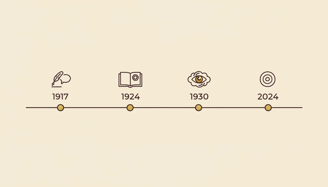 Ilustração esquemática de uma linha do tempo do surrealismo, de 1917 a 2024 — Perfeito Studio