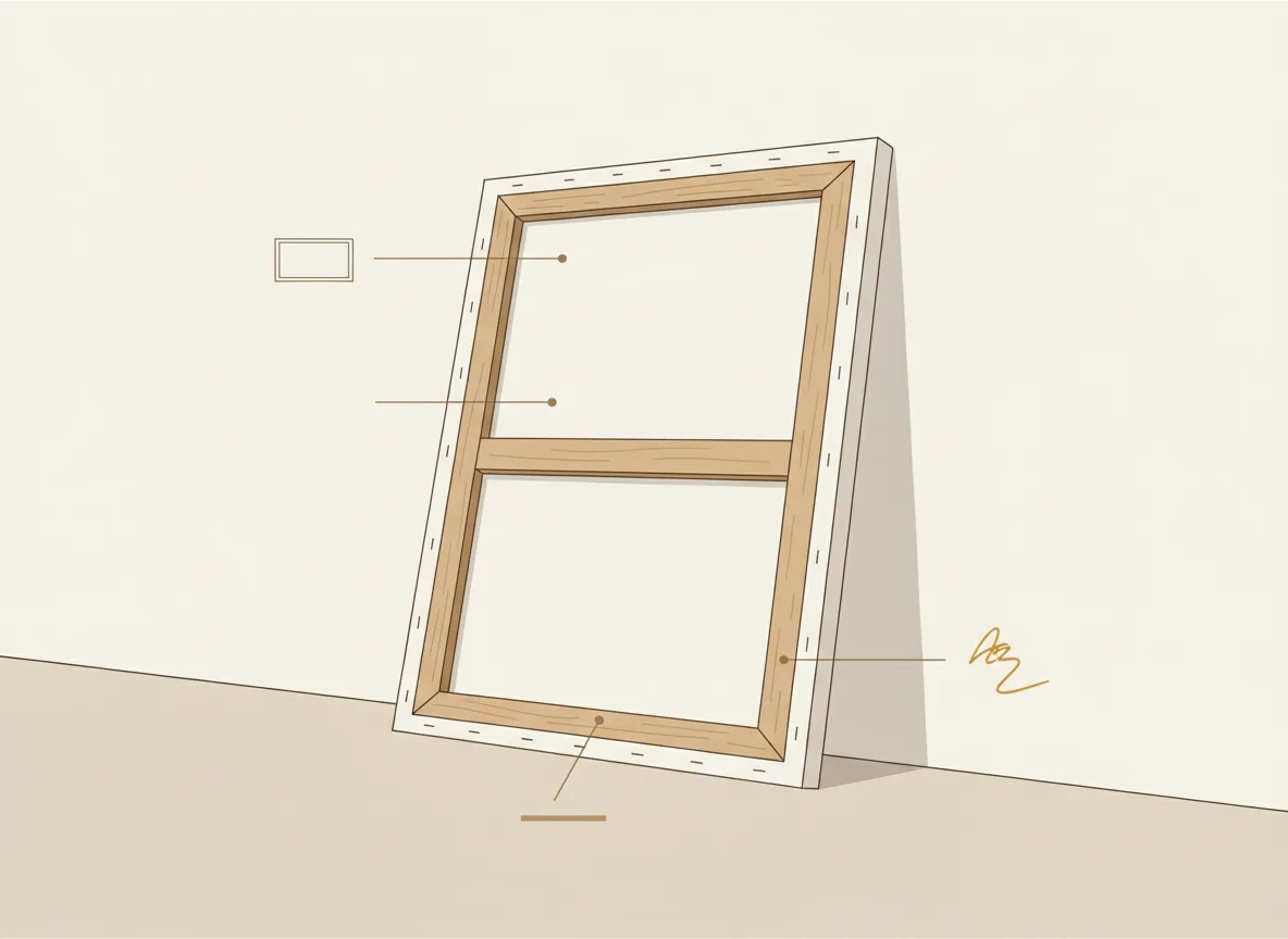 Ilustração esquemática do verso de uma tela indicando onde costumam ficar a assinatura, o título e a data — Perfeito Studio