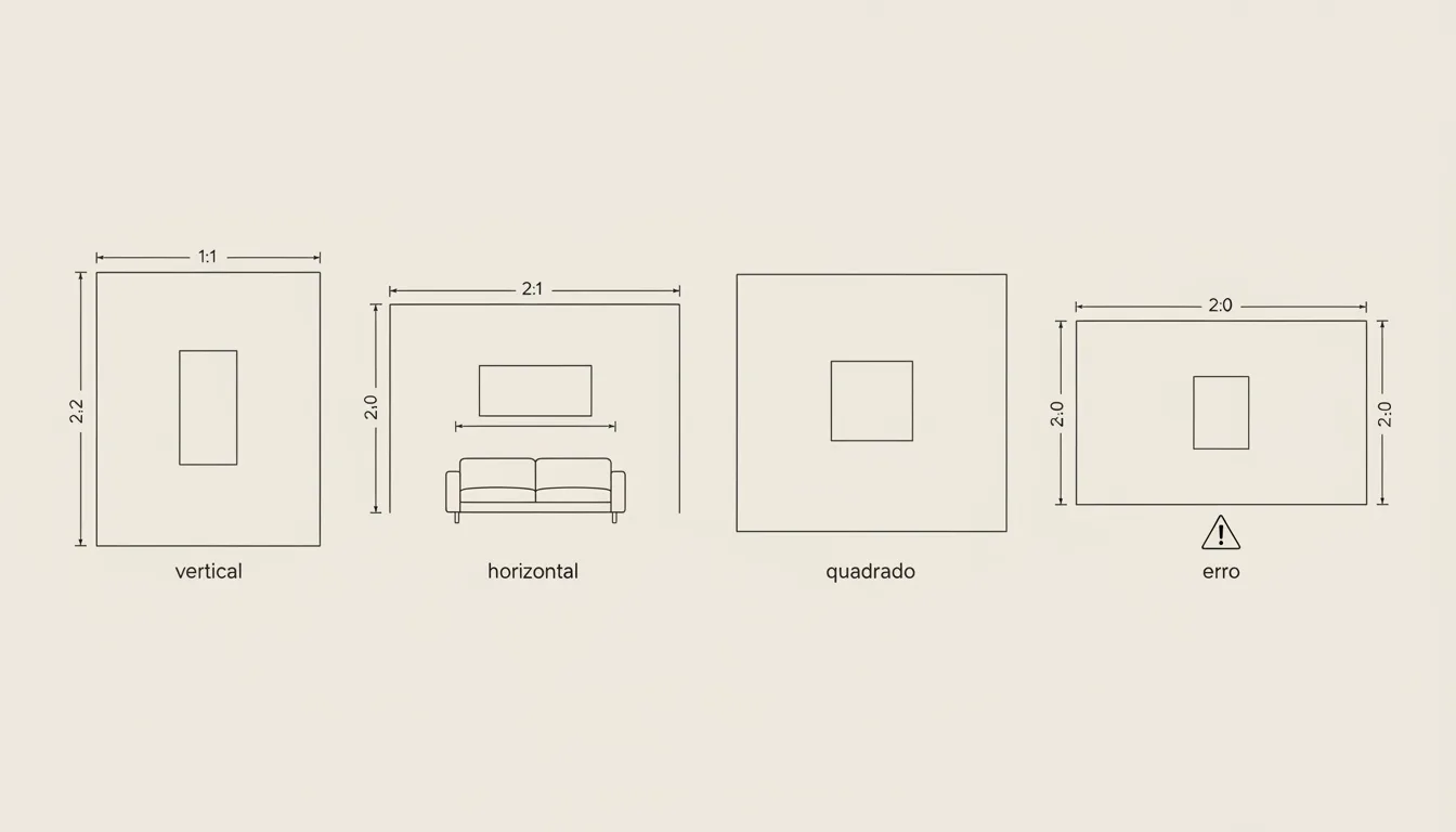 Diagrama esquemático mostrando proporção de parede alta e estreita favorecendo quadro vertical, parede larga e baixa favorecendo quadro horizontal, e parede quadrada favorecendo formato quadrado