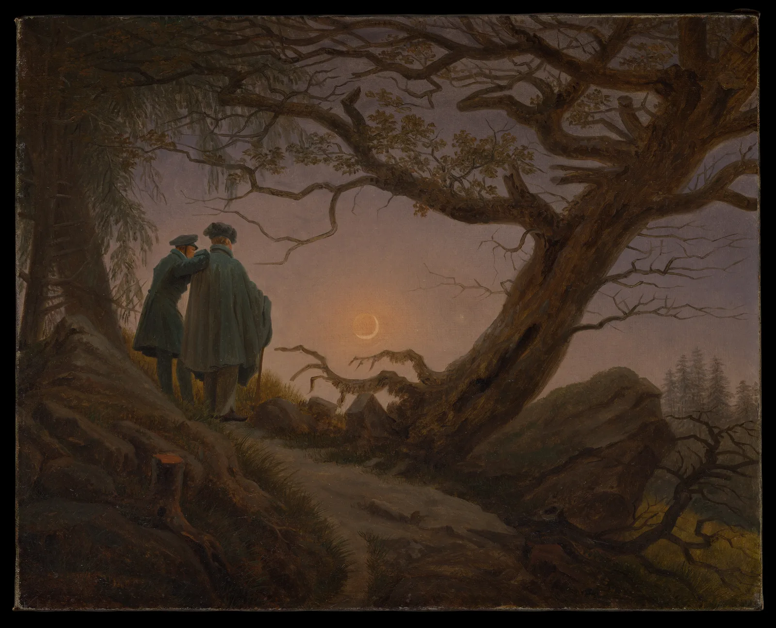 Dois Homens Contemplando a Lua (cerca de 1825–1830), óleo sobre tela de Caspar David Friedrich — Metropolitan Museum of Art, Nova York (domínio público)