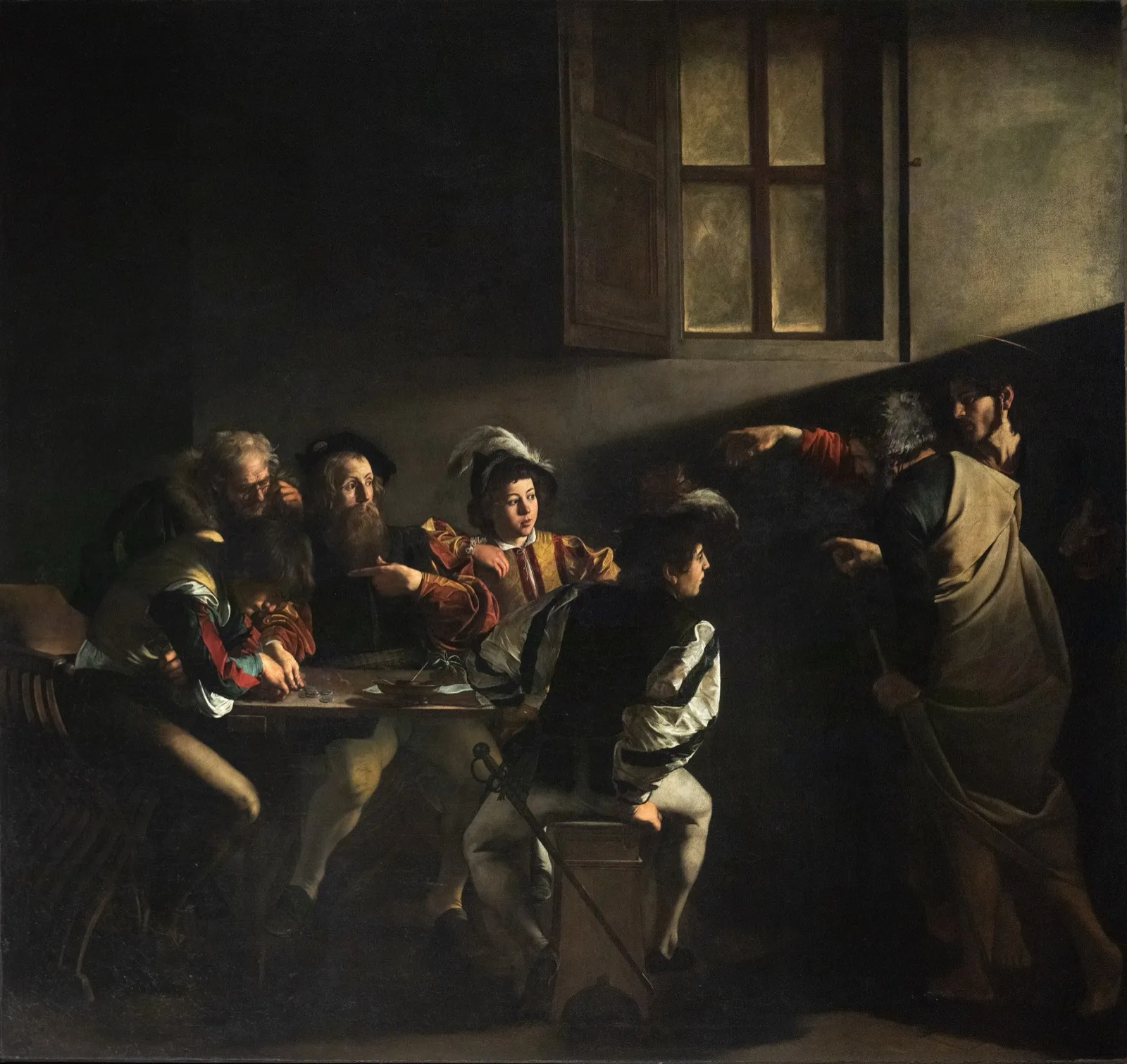 A Vocação de São Mateus, pintura de Caravaggio (1599-1600), no acervo da Capela Contarelli, em San Luigi dei Francesi, Roma