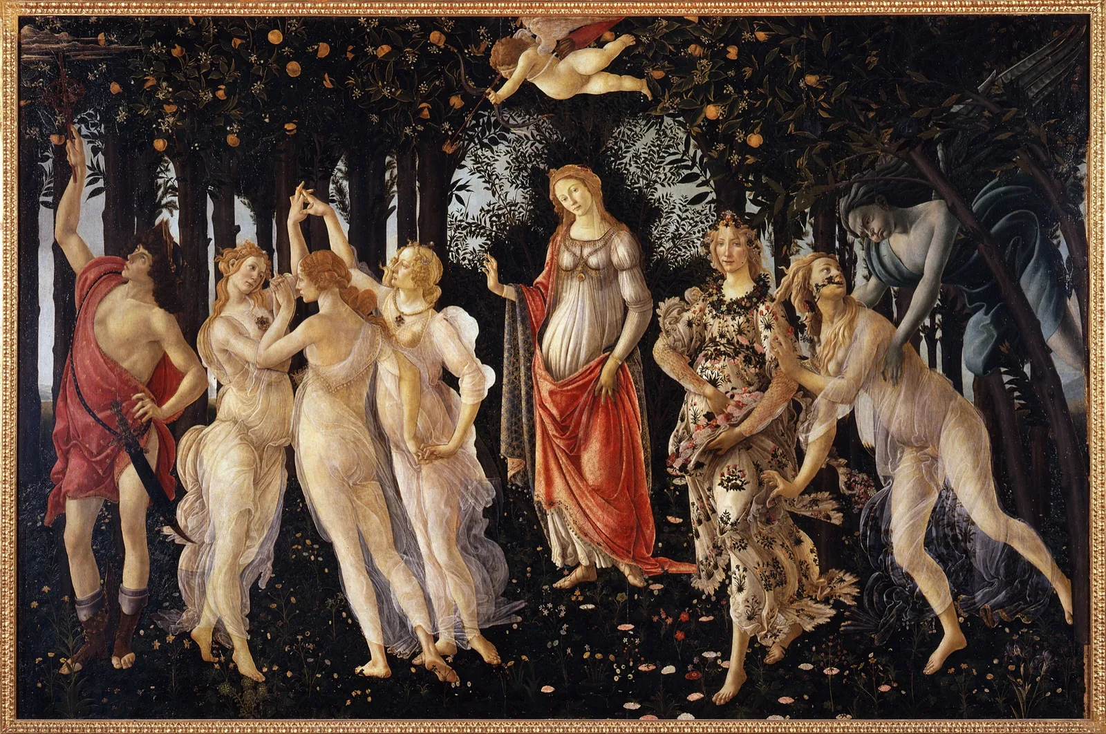 A Primavera, têmpera sobre madeira de Sandro Botticelli (c. 1477–1482) — obra do acervo da Galeria Uffizi, Florença