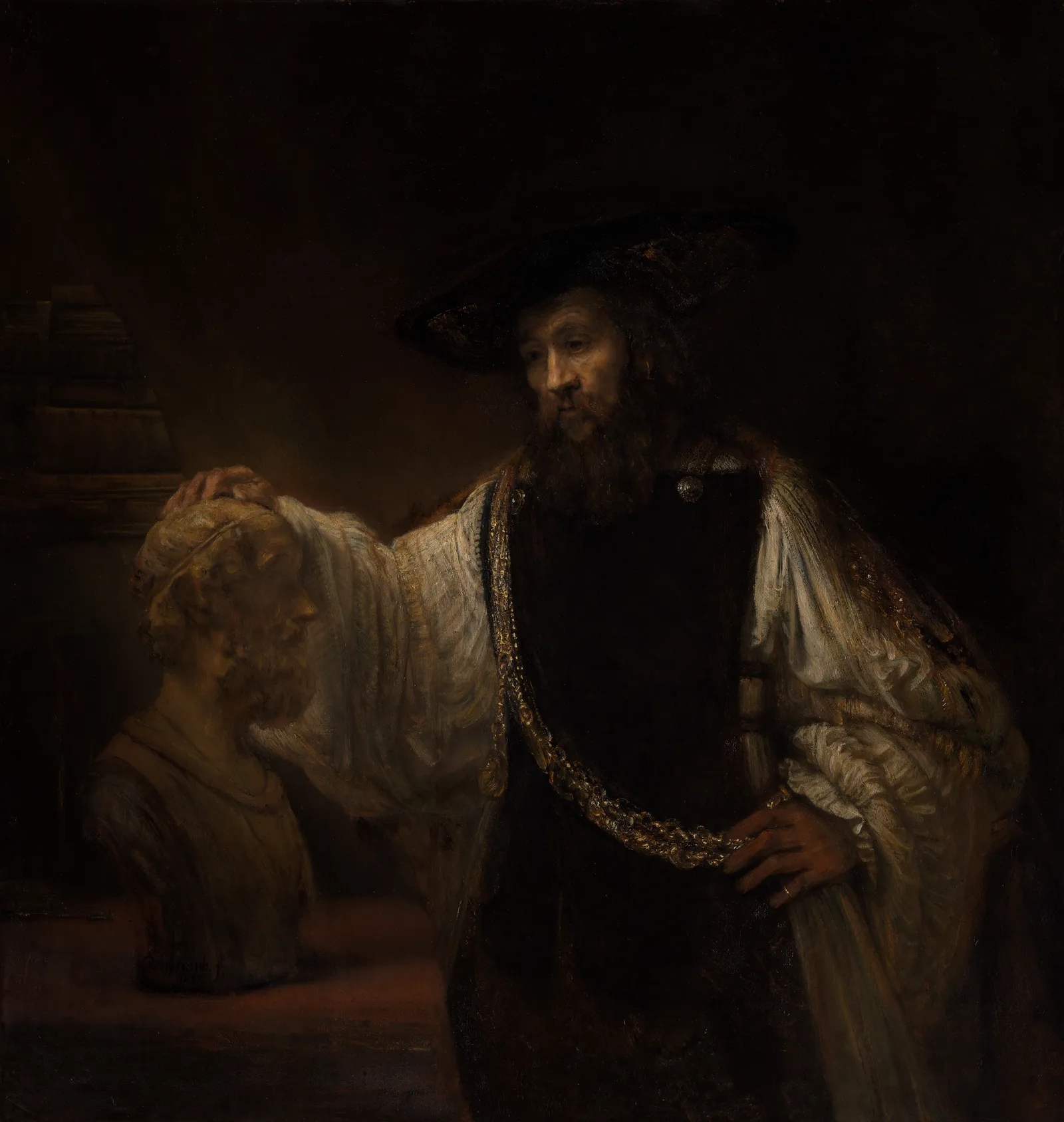 Aristóteles com um busto de Homero, pintura de Rembrandt de 1653, no acervo do Metropolitan Museum of Art