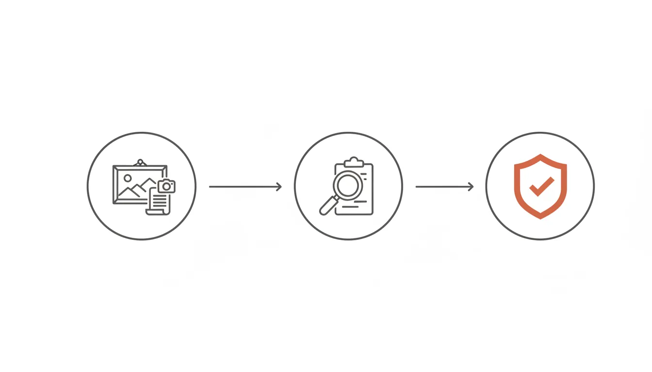 Diagrama esquemático do fluxo de seguro de obra de arte: certificado e catalogação da obra, avaliação por perito, e apólice de seguro