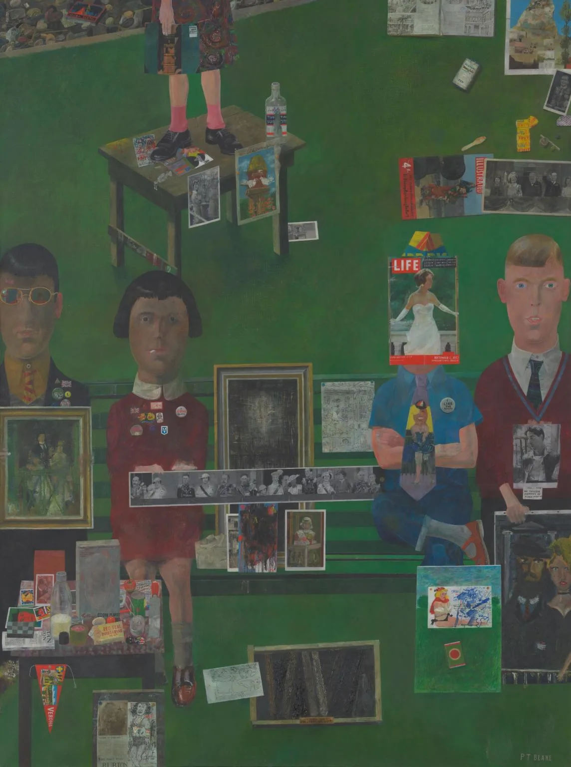 On the Balcony (1955–7), oil on canvas by Peter Blake, built entirely from painted images of magazines, badges, and photographs — Tate, London