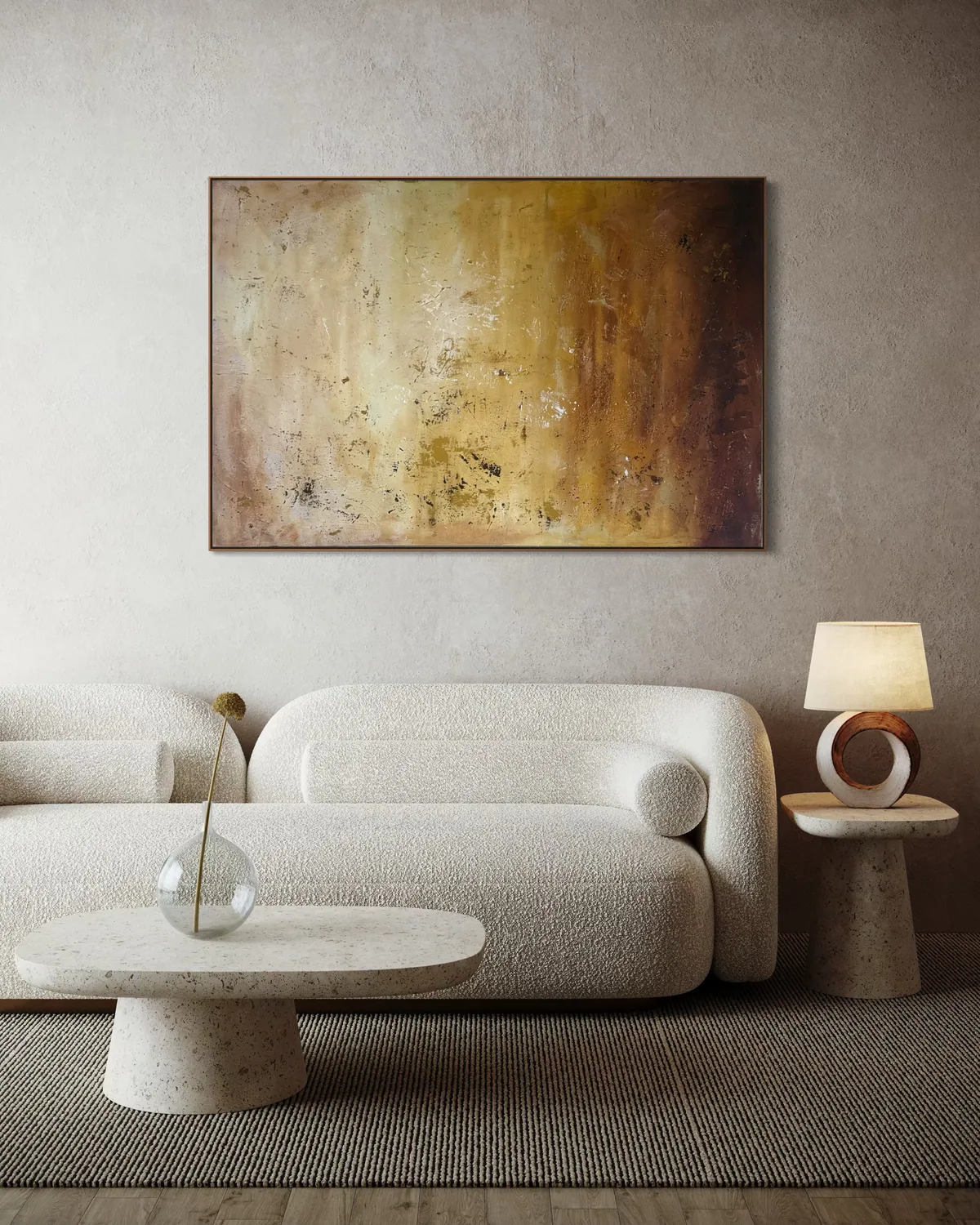 Amber Strata by Alyne Perfeito shown in an interior setting — 150 x 100 cm (59.1 x 39.4 in), Terra & Ether series
