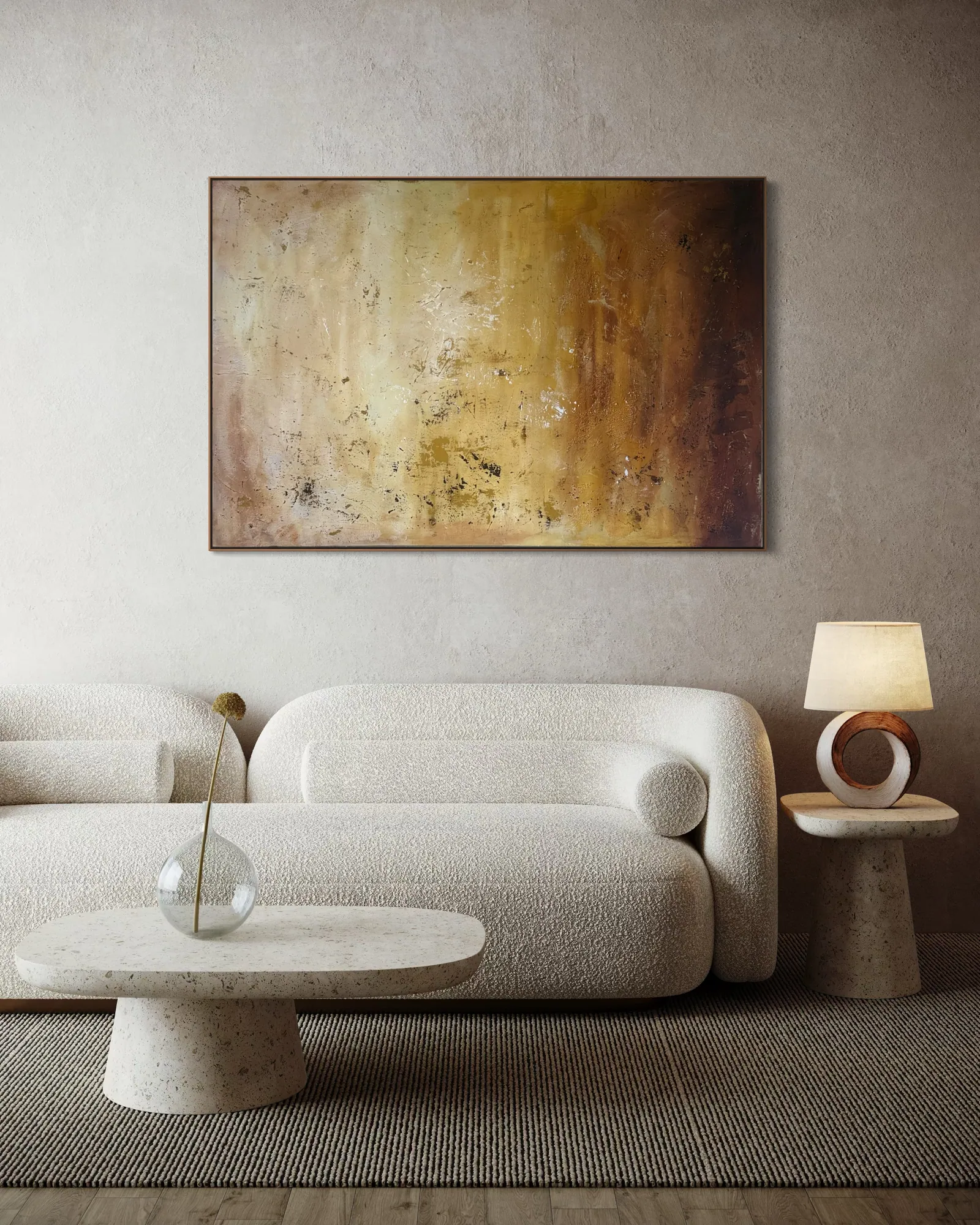 Amber Strata (150 x 100 cm), técnica mista sobre tela, em ambiente de sala de estar aconchegante — Alyne Perfeito, Perfeito Studio