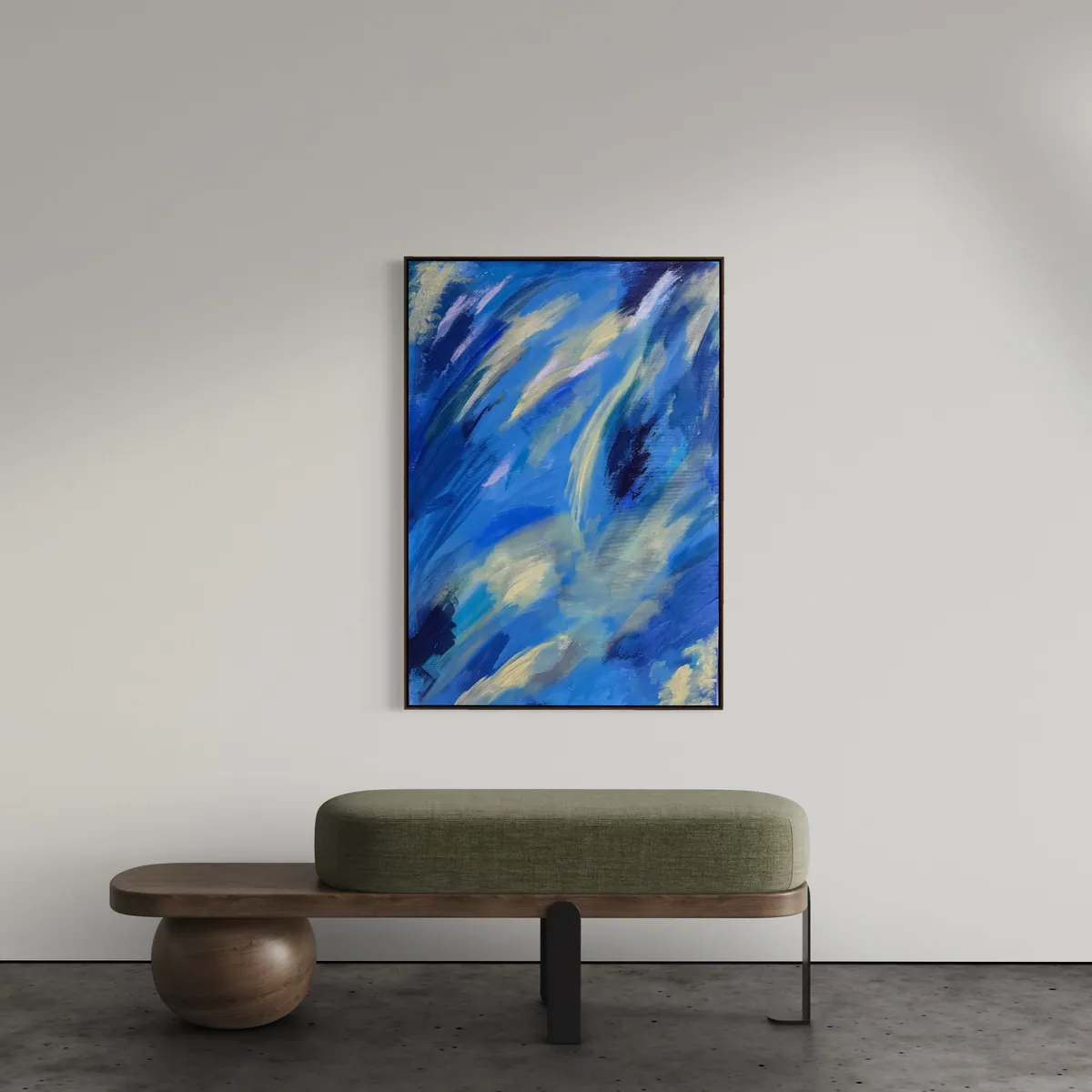 Celestial Drift by Alyne Perfeito shown in an interior setting — 70 x 100 cm (27 x 39 in), Luminous Rebirth series