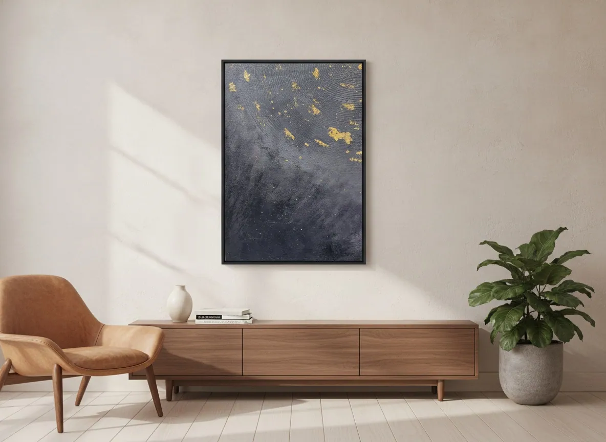 Celestial Plan by Alyne Perfeito shown in an interior setting — 50 x 70 cm (19.7 x 27.6 in), Black & Gold series