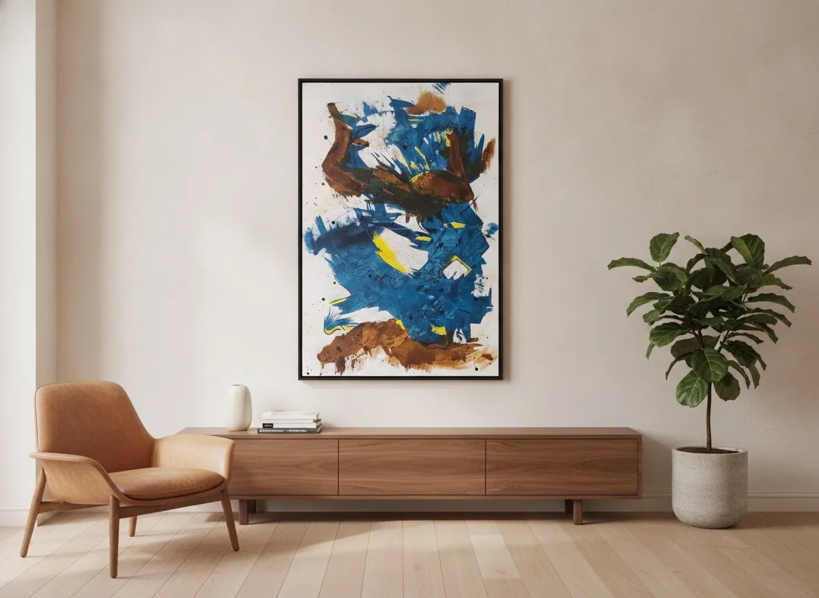 Crossing Currents by Alyne Perfeito shown in an interior setting — 80 x 120 cm (31 x 47 in), Terra & Ether series