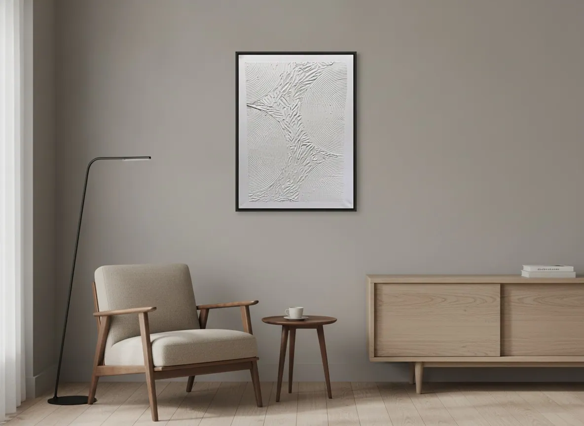 Echo of Silence by Alyne Perfeito shown in an interior setting — digital visualization, Matter & Silence series