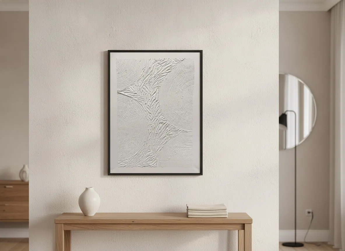 Echo of Silence (50 × 70 cm), textura esculpida sobre tela, em um vão estreito de parede — Alyne Perfeito, Perfeito Studio