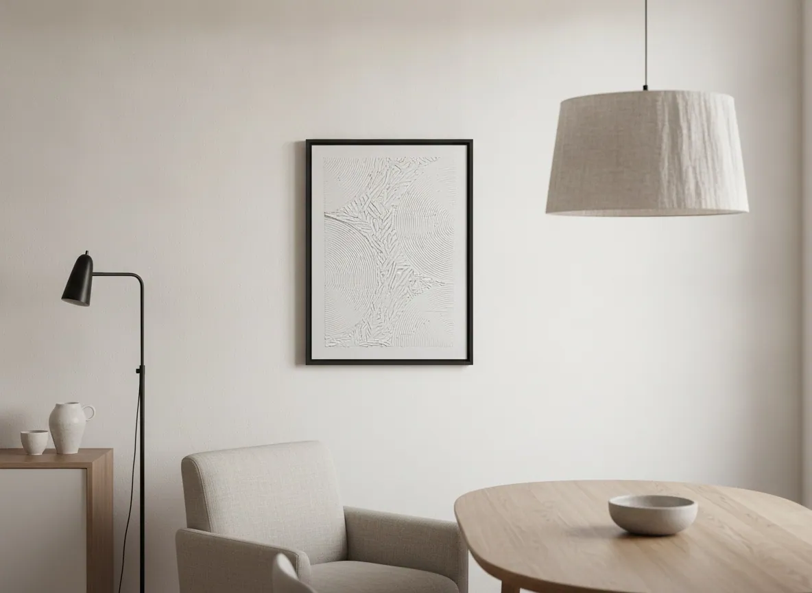 Echo of Silence (50 x 70 cm), textura esculpida sobre tela, em ambiente de apartamento — Alyne Perfeito, Perfeito Studio
