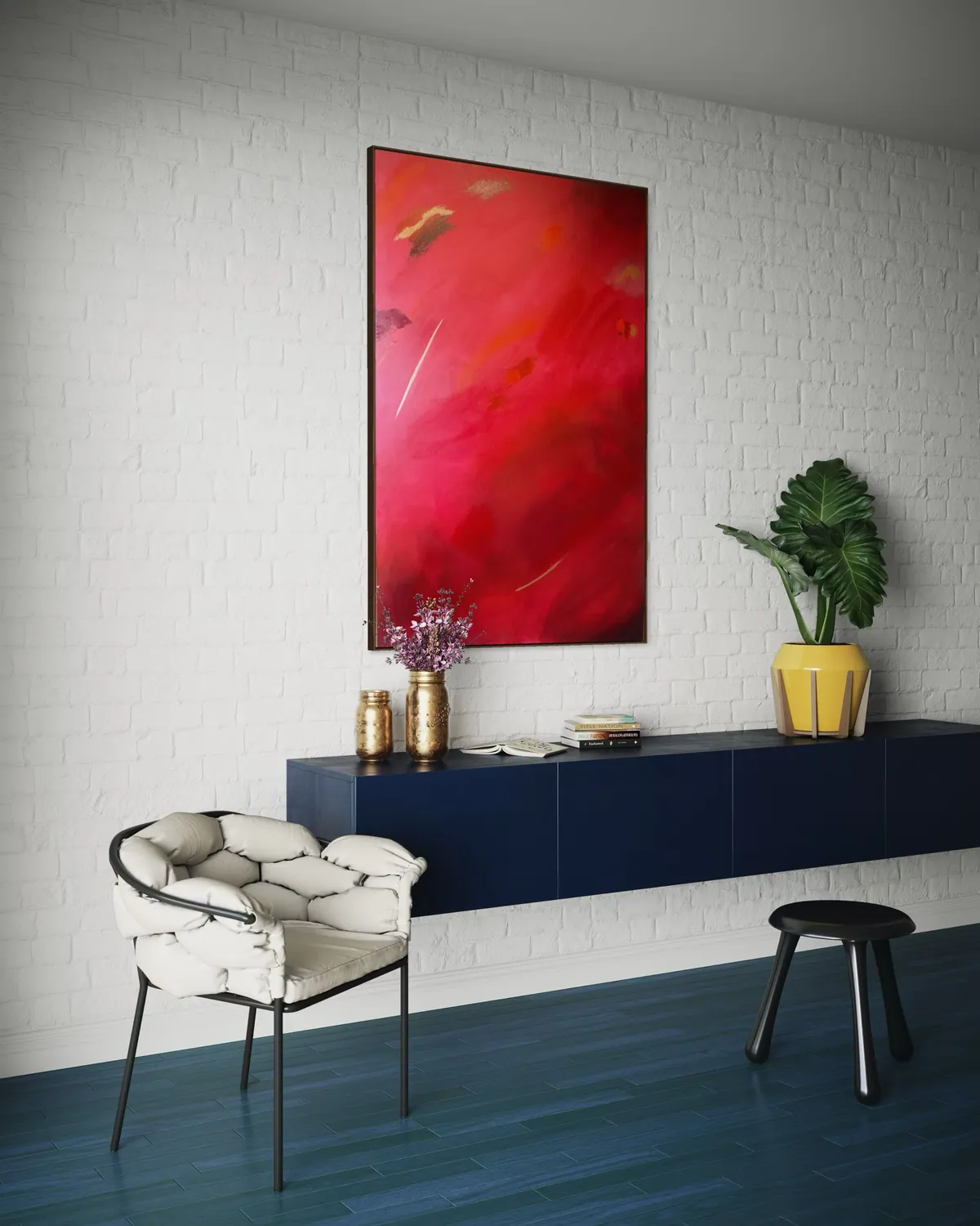 Fire of Devotion by Alyne Perfeito shown in an interior setting — 100 x 150 cm (39.4 x 59.1 in), Heart of Chaos series