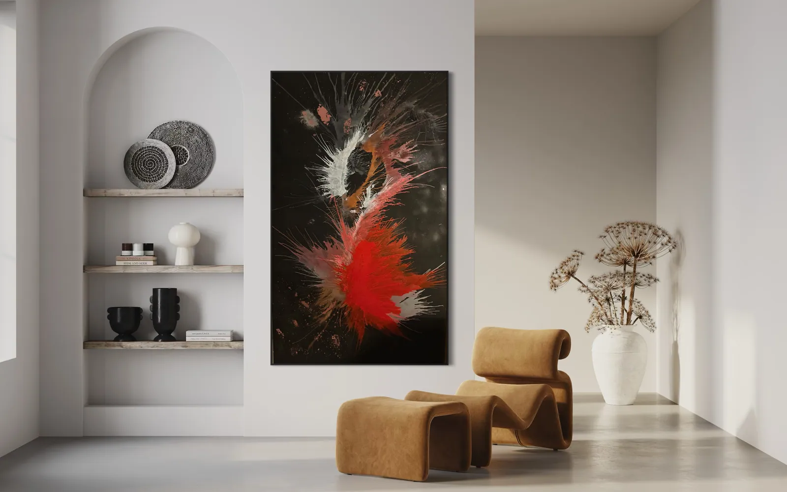 Genesis of Flame by Alyne Perfeito shown in an interior setting — digital visualization, Heart of Chaos series, 120 x 200 cm (47 x 79 in)