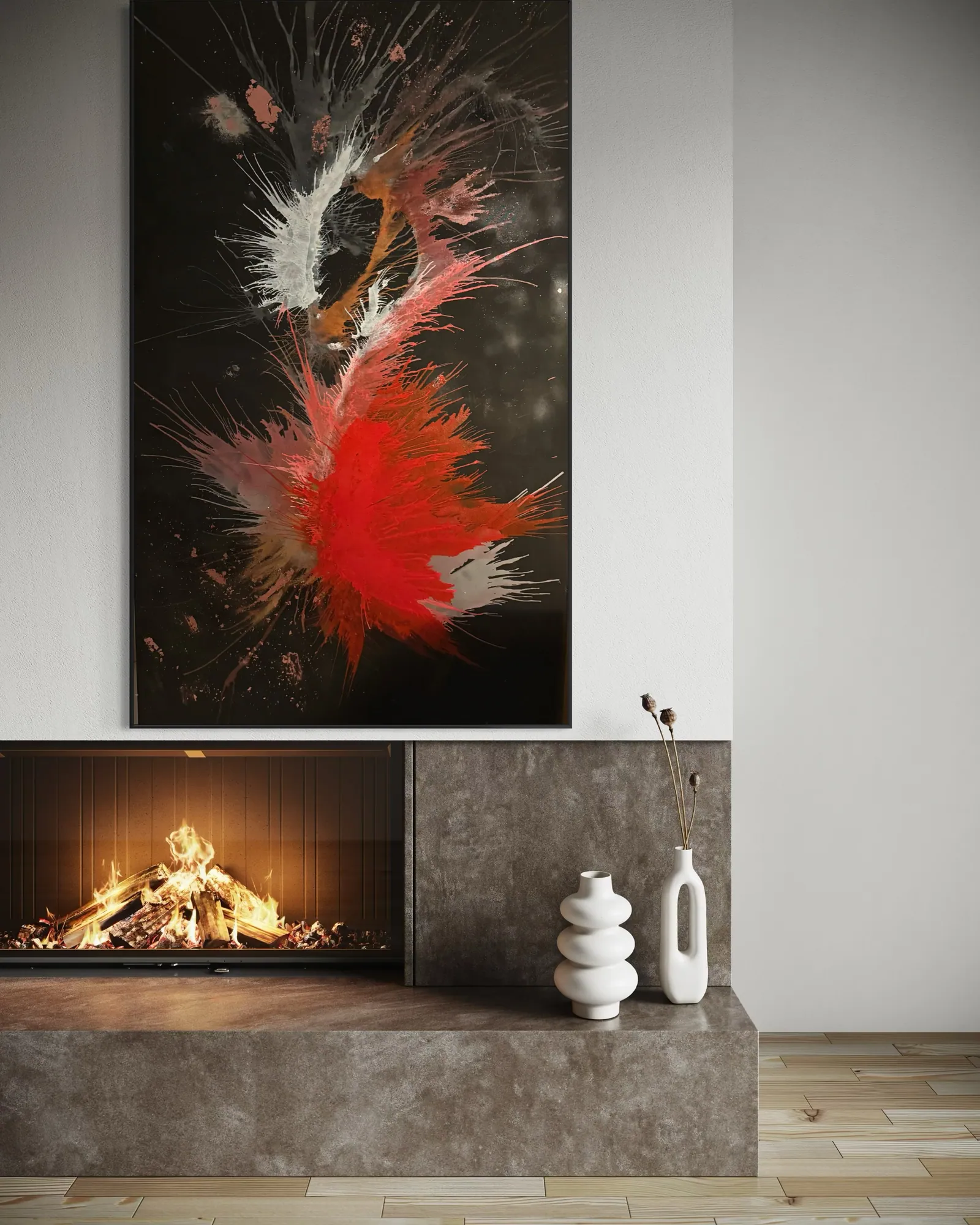 Genesis of Flame (120 x 200 cm), técnica mista sobre tela (acrílica, pigmento metálico, acabamento brilhante e fosco) — Alyne Perfeito, Perfeito Studio