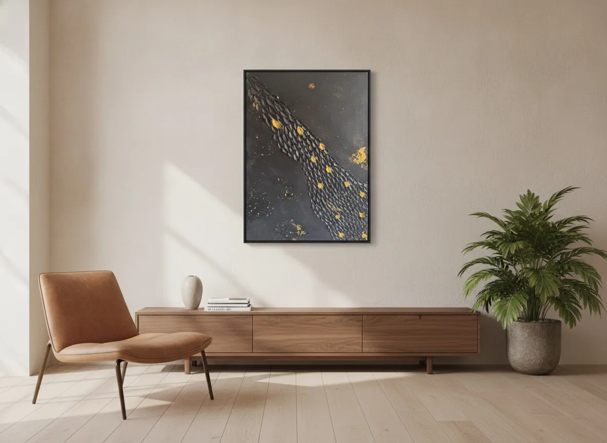 Golden Passage (60 x 80 cm / 23.6 x 31.5 in), mixed media, texture paste and gold leaf on canvas, in situ — Alyne Perfeito, Perfeito Studio
