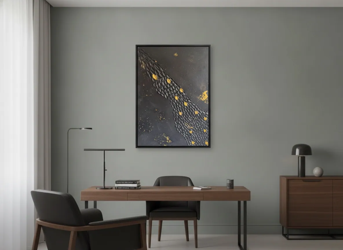 Golden Passage (60 x 80 cm), técnica mista, pasta de textura e folha de ouro sobre tela, em ambiente de escritório executivo — Alyne Perfeito, Perfeito Studio
