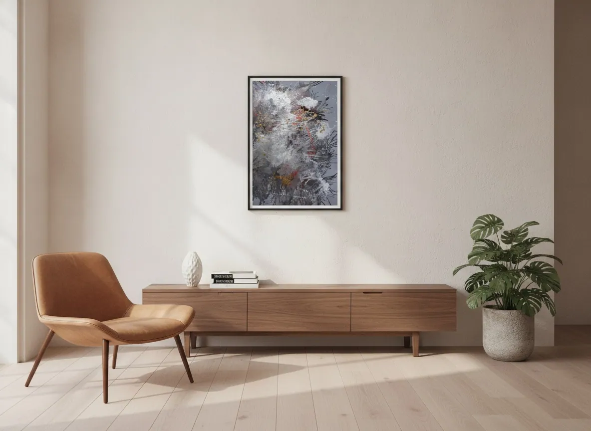 Origin of Light (60 x 80 cm), técnica mista com acrílica e folha de ouro, em ambiente neutro — Alyne Perfeito, Perfeito Studio