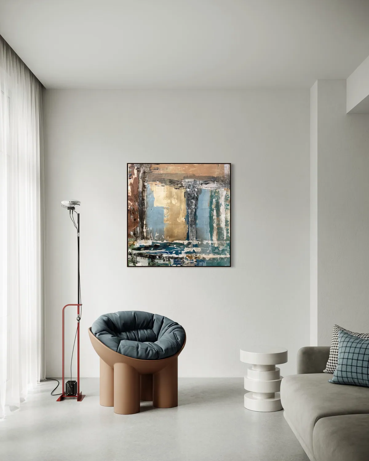 Patina Field by Alyne Perfeito shown in an interior setting — 100 x 100 cm (39.4 x 39.4 in), Terra & Ether series