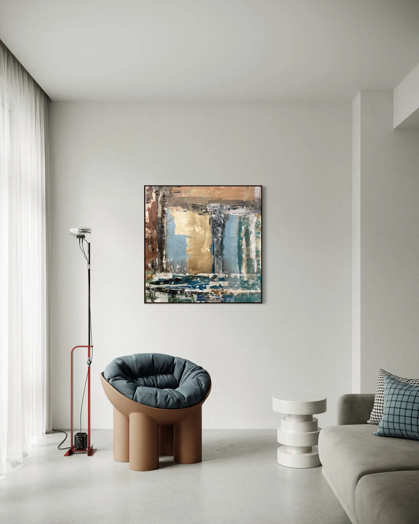 Patina Field (100 x 100 cm), acrílica sobre tela, em sala de estar — Alyne Perfeito, Perfeito Studio