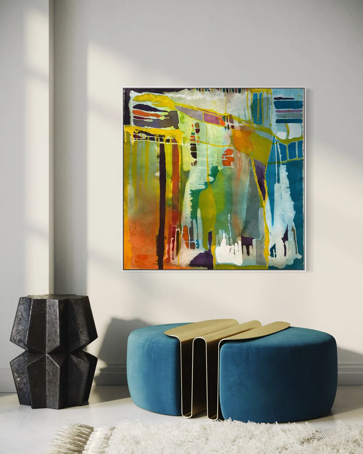 Prism Garden by Alyne Perfeito shown in an interior setting — 100 x 100 cm (39.4 x 39.4 in), Luminous Rebirth series