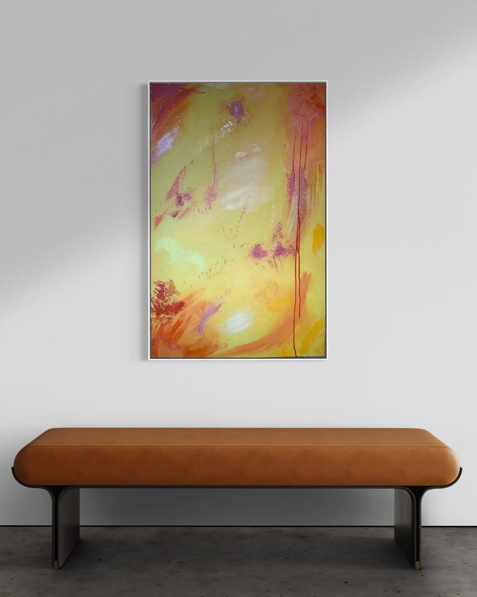 Solar Rain (70 x 110 cm), acrílica sobre tela, em ambiente — Alyne Perfeito, Perfeito Studio