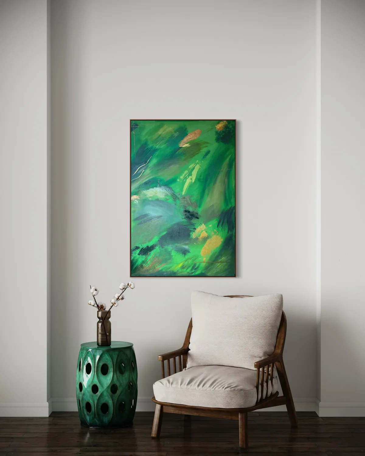 Vegetal Dawn by Alyne Perfeito shown in an interior setting — 80 x 120 cm (31.5 x 47.2 in), Terra & Ether series