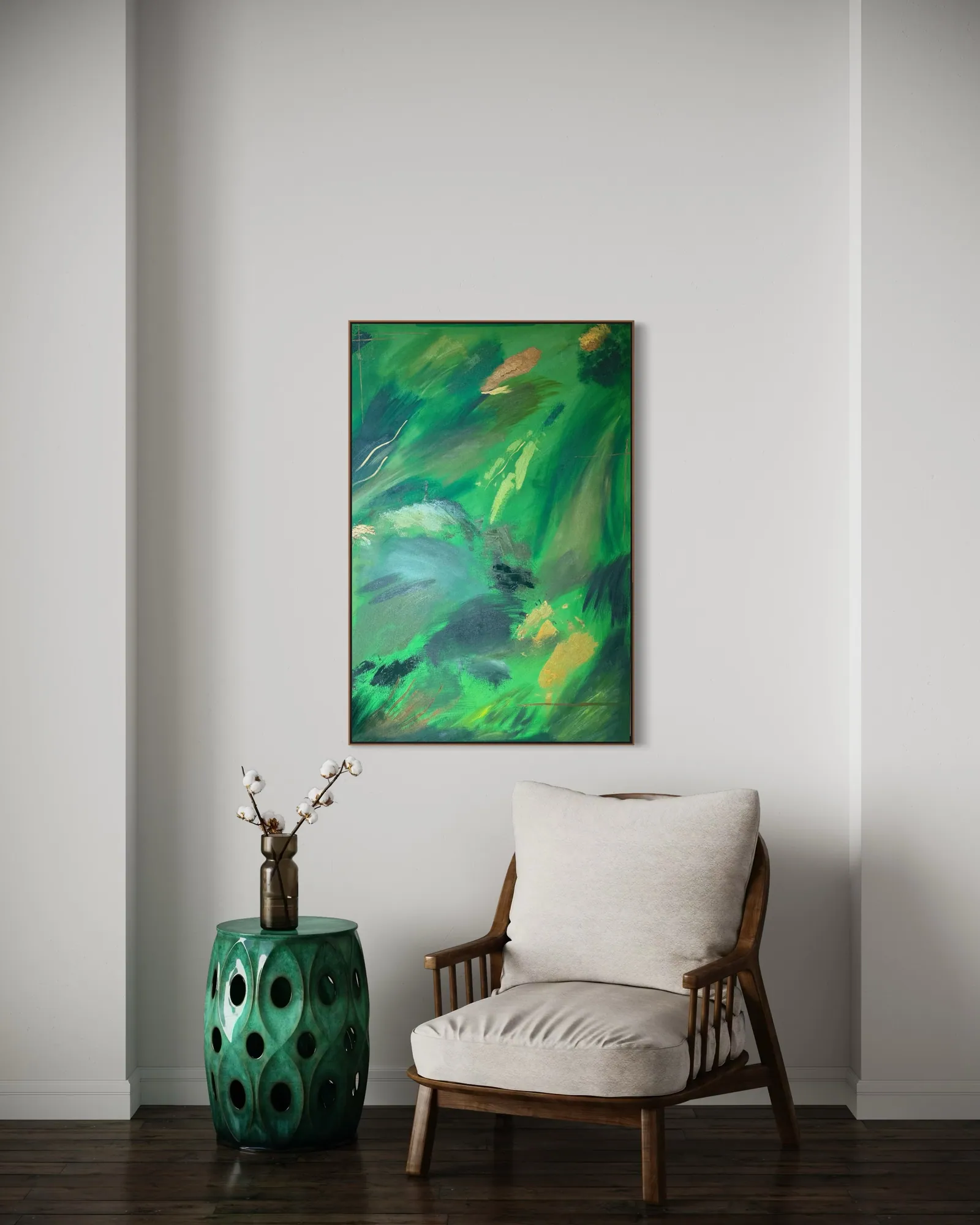 Vegetal Dawn (80 x 120 cm), acrílica sobre tela, em ambiente — Alyne Perfeito, Perfeito Studio