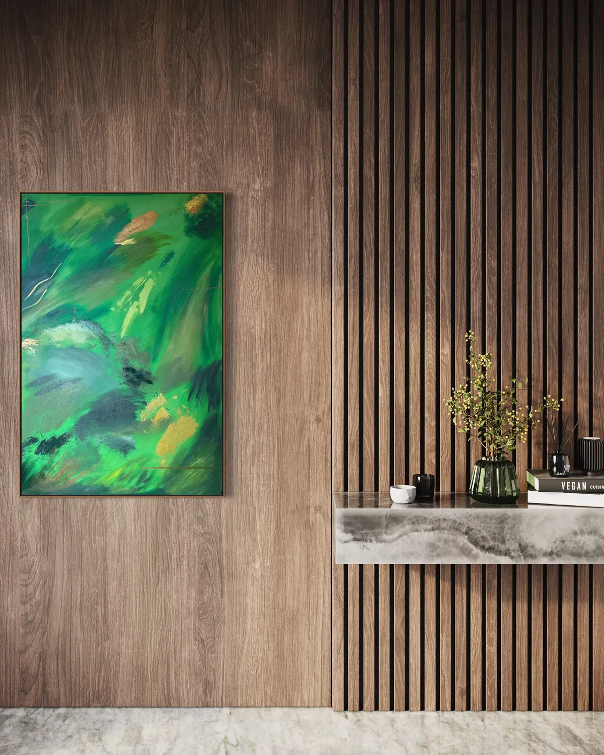 Vegetal Dawn by Alyne Perfeito shown in an interior setting — digital visualization, Terra & Ether series
