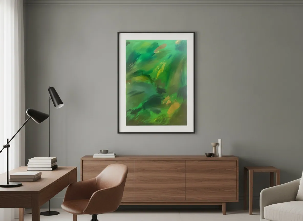 Vegetal Dawn (80 x 120 cm), acrílica sobre tela, em ambiente — Alyne Perfeito, Perfeito Studio