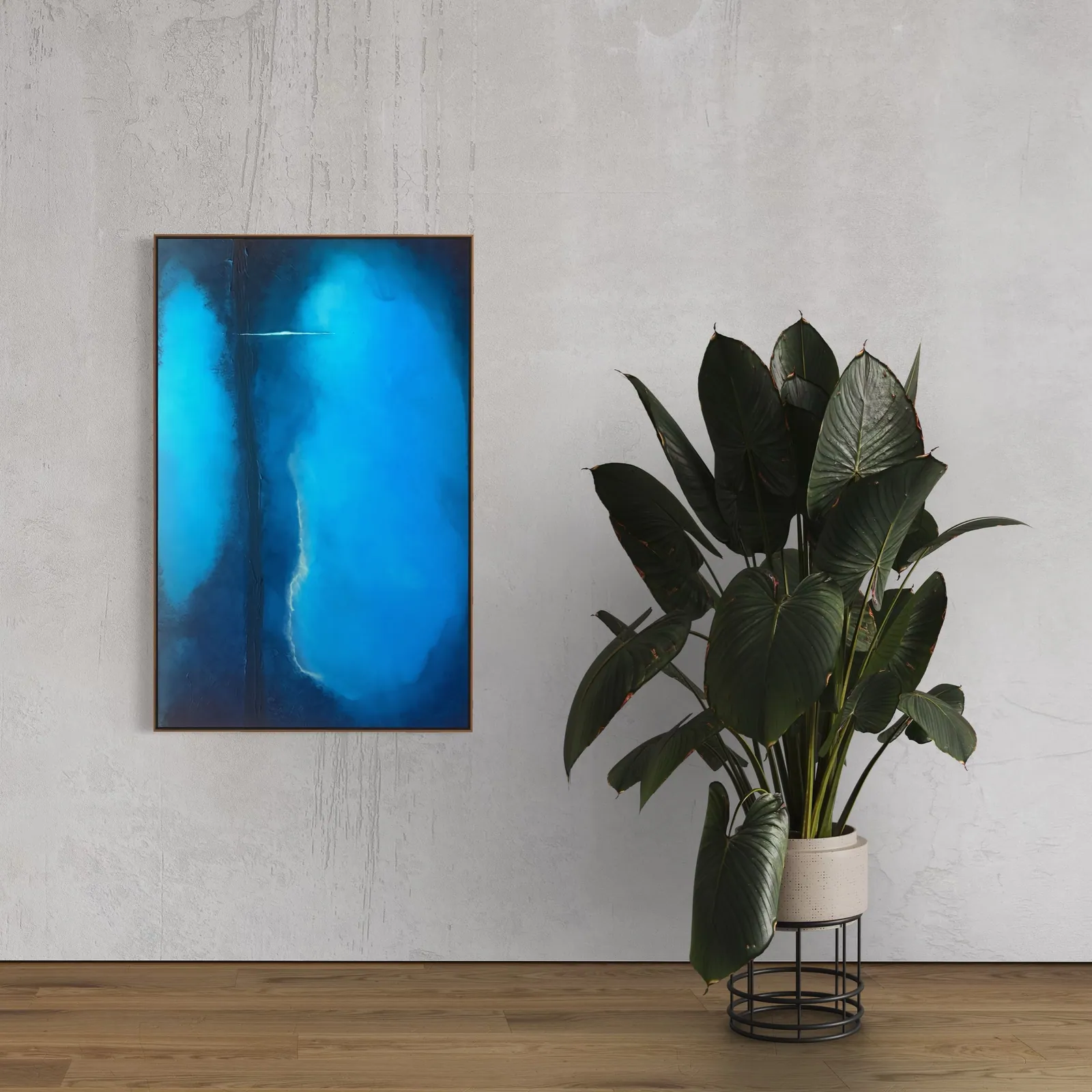 Veil of Light (70 x 110 cm), técnica mista sobre tela com textura esculpida e acrílica, em hall de entrada — Alyne Perfeito, Perfeito Studio
