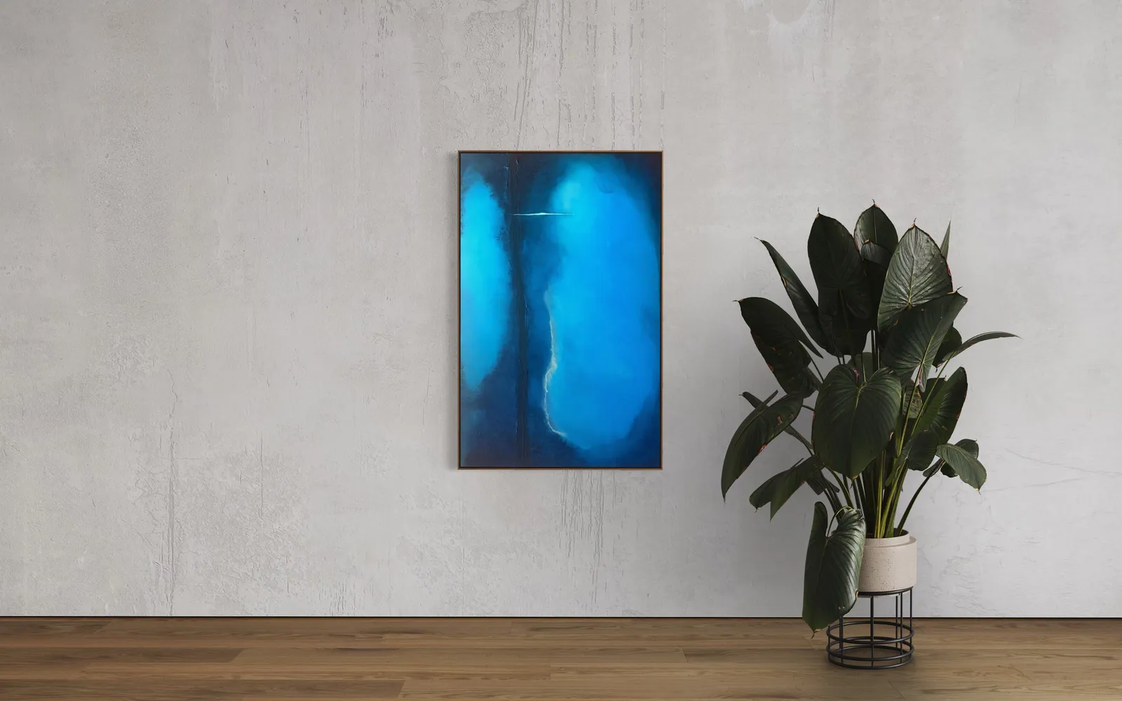Veil of Light (70 x 110 cm), técnica mista com relevo esculpido e acrílica sobre tela, em ambiente — Alyne Perfeito, Perfeito Studio