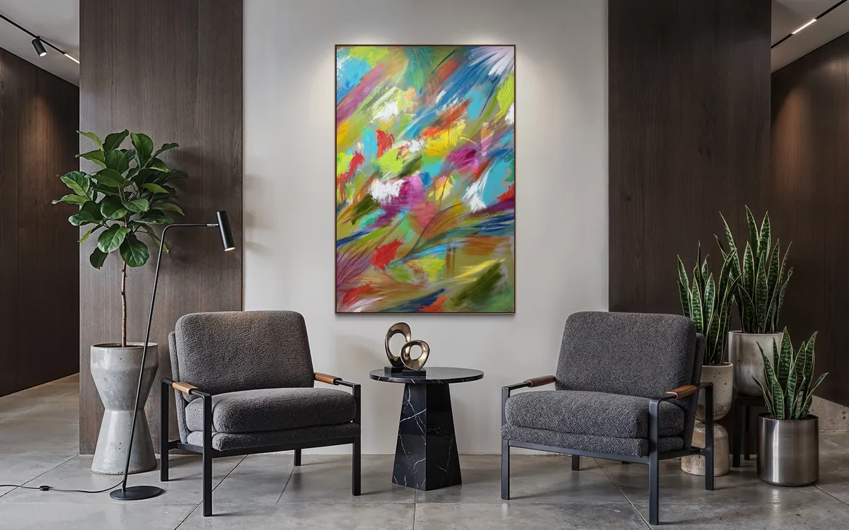 Vibrant Awakening by Alyne Perfeito shown in an interior setting — 100 x 150 cm (39 x 59 in), Luminous Rebirth series