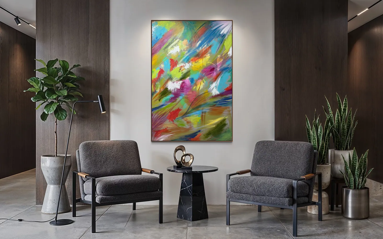 Vibrant Awakening (100 x 150 cm), acrílica sobre tela, em ambiente — Alyne Perfeito, Perfeito Studio