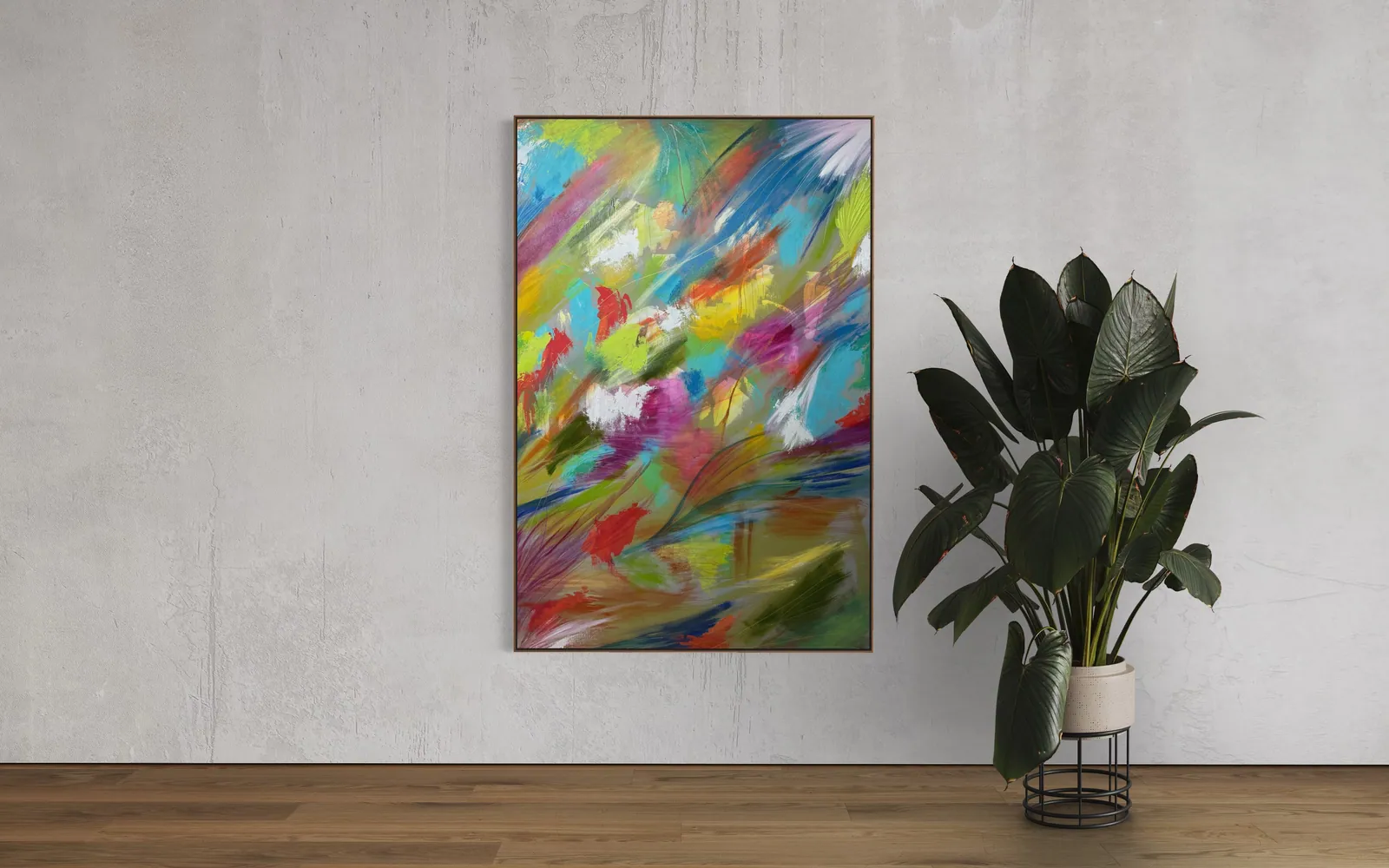 Vibrant Awakening (100 x 150 cm), mixed media on canvas, in situ — Alyne Perfeito, Perfeito Studio